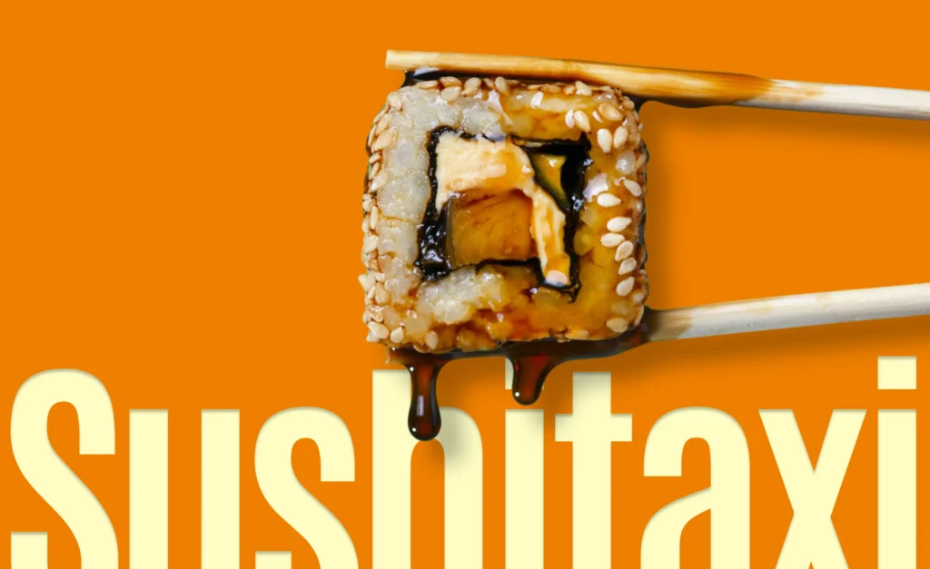 Eine Sushirolle zwischen zwei Stäbchen vor dem Wort Sushitaxi als Beitragsbild für die Case Study: Website Relaunch Sushitaxi Chemnitz